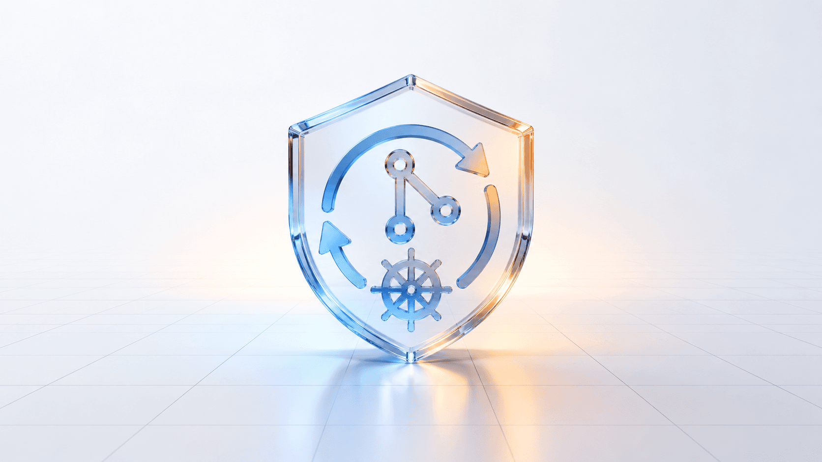 Glass shield with circular arrows, connected nodes, and a Kubernetes wheel in blue and orange light